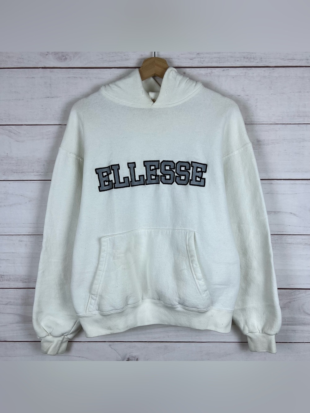 Vintage 90s Ellesse Women’s Hoodie Medium White Sweatshirt Pullover Embroidered